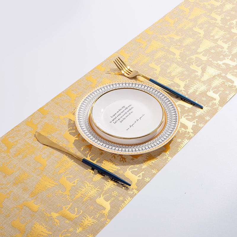 Christmas Linen Table Runner with Christmas Design showing Gold Christmas Scene | Confetti Living