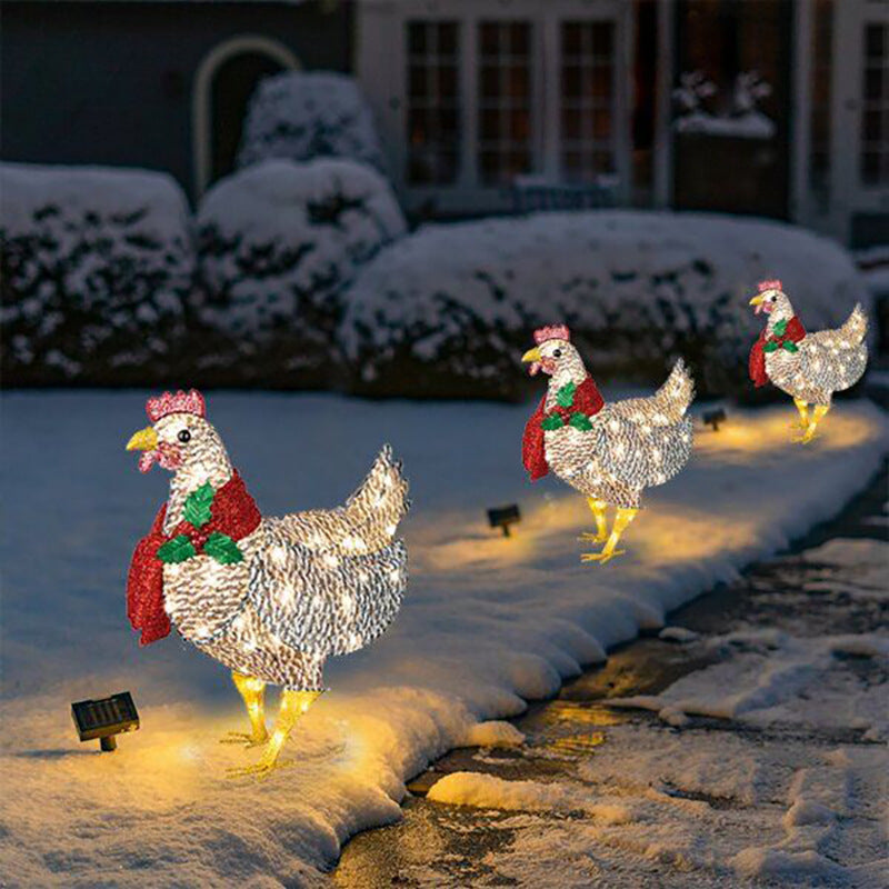 Decorated Chicken Lantern with Scarf showing chickens lighting a path | Confetti Living