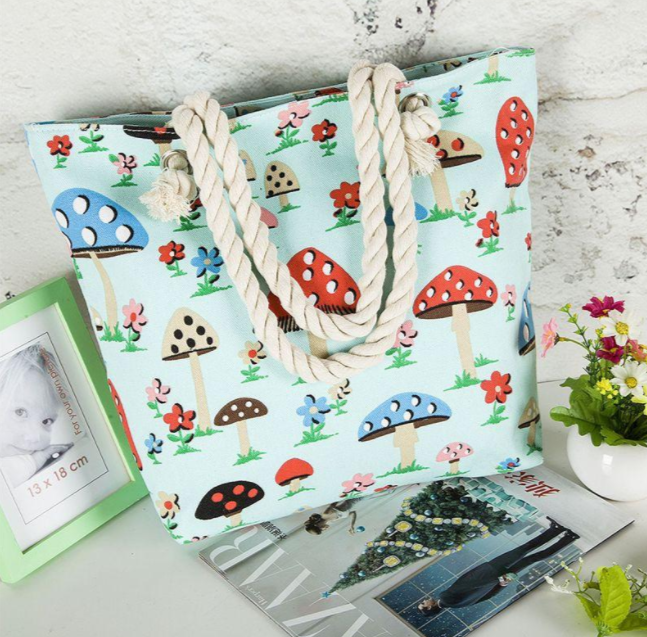 Women's Large Capacity Colouurful Tote Bag in Light Blue Mushroom Design P | Confetti Living