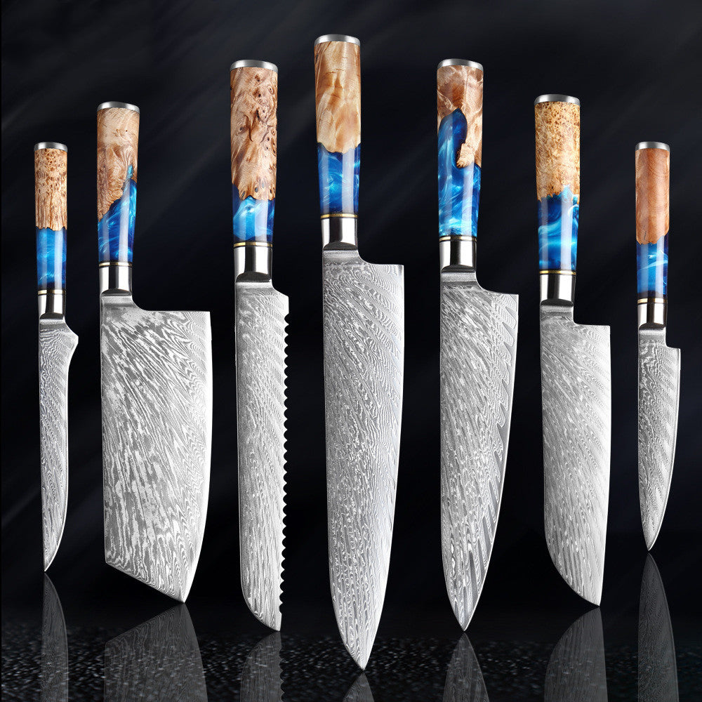 Set of 7 Japanese professional kitchen knives with 15cm Boning knife, 19cm Cleaver, 19cm Bread knife, 24cm Chef knife, 20cm Chef knife, 18cm Santoku knife and 12cm Universal knife  on a reflective black background