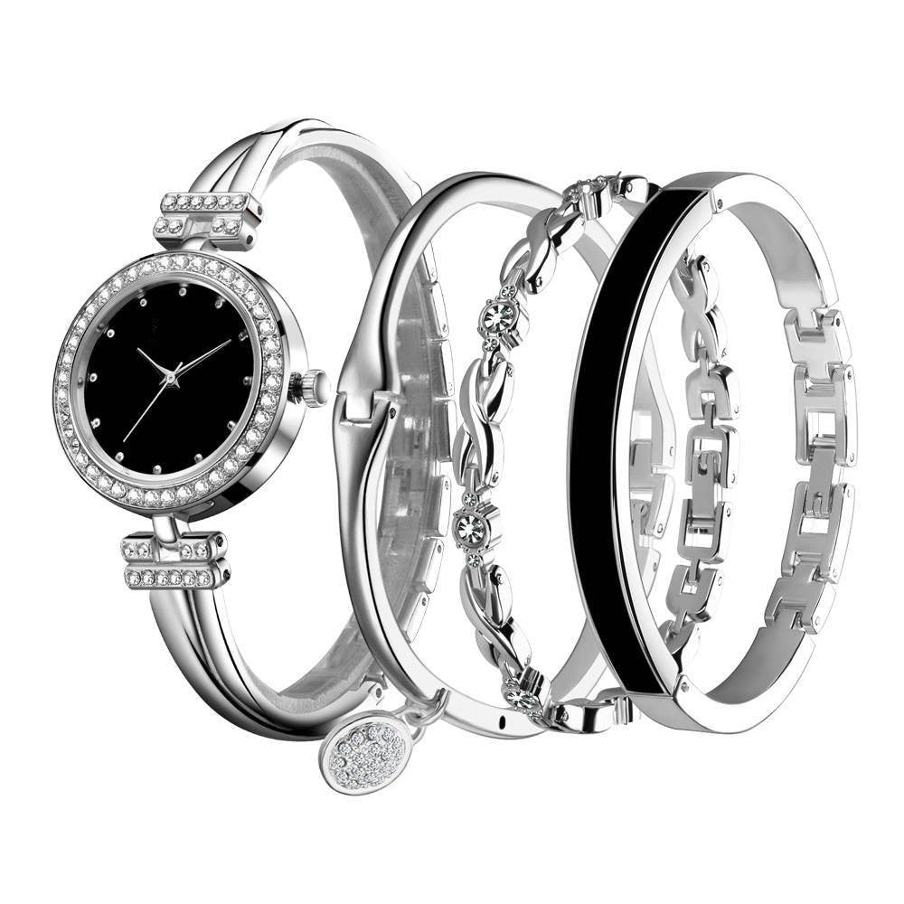 Women's Fashion Quartz Watch Jewellery Set  showing Silver with black finishes | Confetti Living