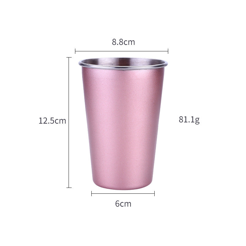 Home Bar Metallic Steel Travel Mug shown in pink with dimensions | Confetti Living