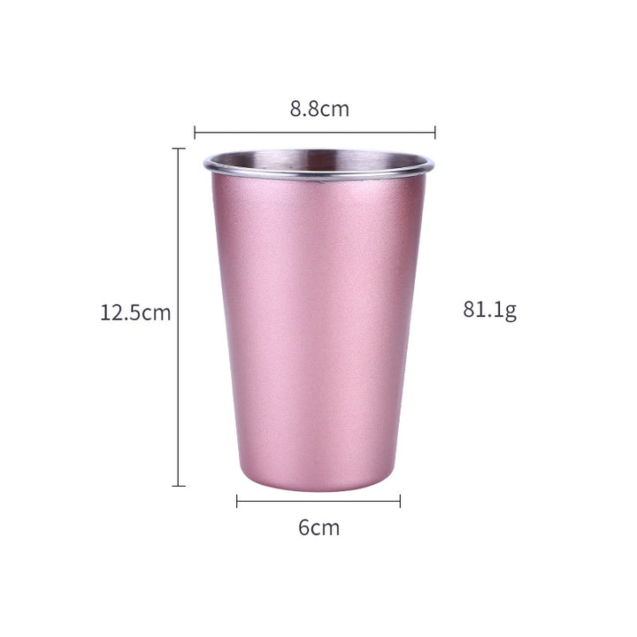 Home Bar Metallic Steel Travel Mug shown in pink with dimensions | Confetti Living