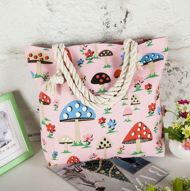 Women's Large Capacity Colouurful Tote Bag in Light Pink Mushroom Design R | Confetti Living