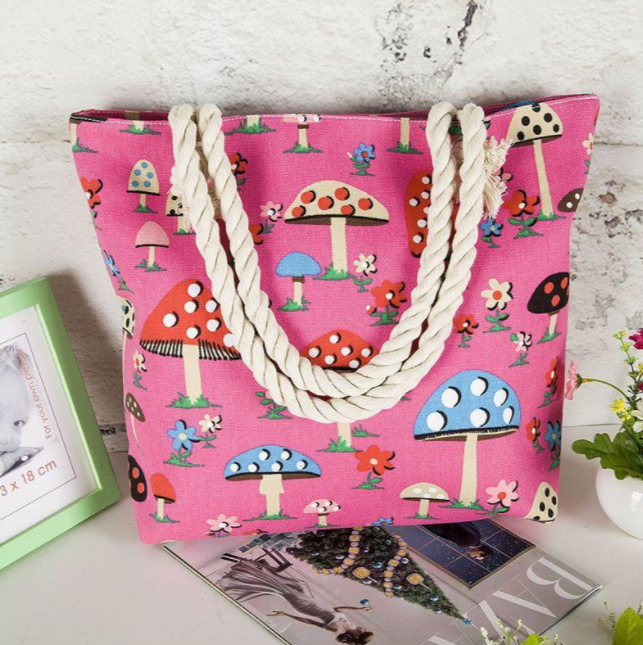 Women's Large Capacity Colouurful Tote Bag in Hot Pink Mushroom Design Q | Confetti Living