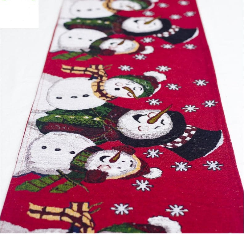 Christmas Linen Table Runner with Christmas Design showing Snowman Scenes | Confetti Living