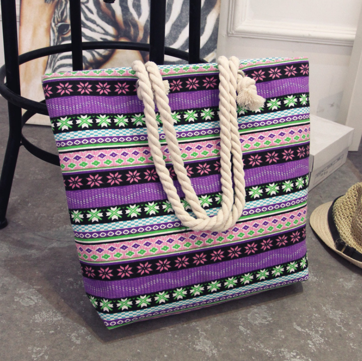 Women's Large Capacity Colouurful Tote Bag in Purple Striped Design E | Confetti Living