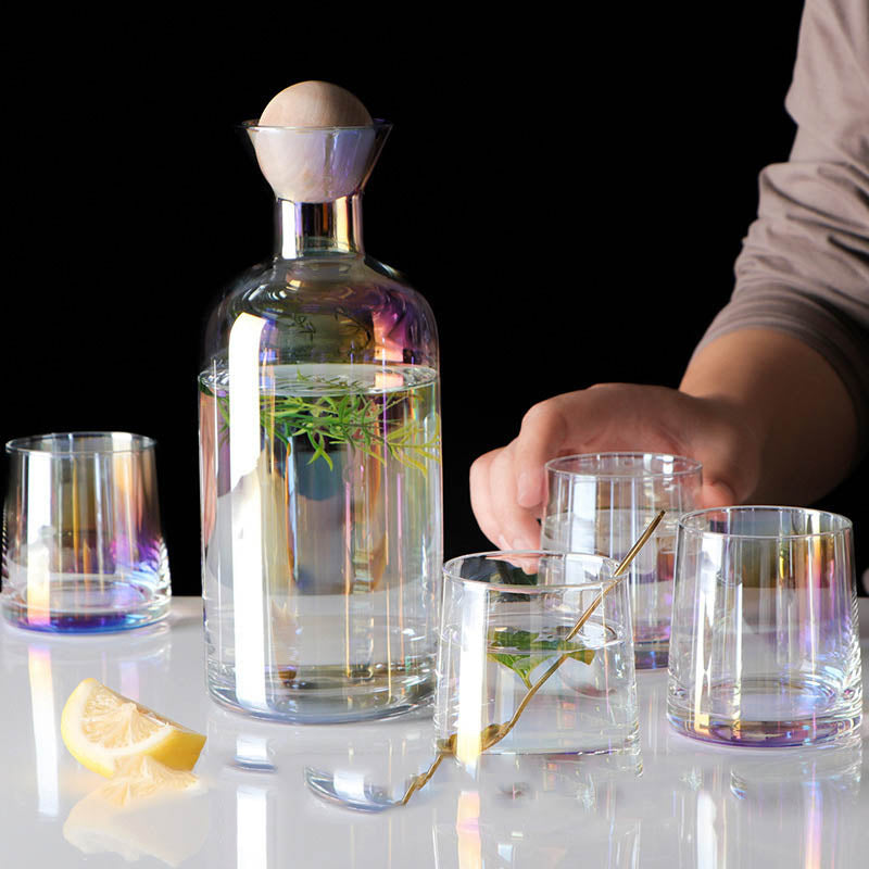 Home Bar Colourful Whiskey Glass Set showing colourful whisky set with decanter | Confetti Living