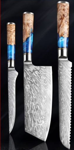 Set of 3 Japanese professional 15cm Boning knife, 19cm Cleaver and 19cm Braed knife showing Damascus steel blades and durable coloured resin and wood handles on a black background