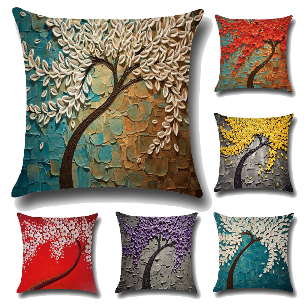 Three-dimensional Oil Painting Trees Flowers Cotton Cushion Cushion Pillowcase Car Waist Cushion Cover | Confetti Living