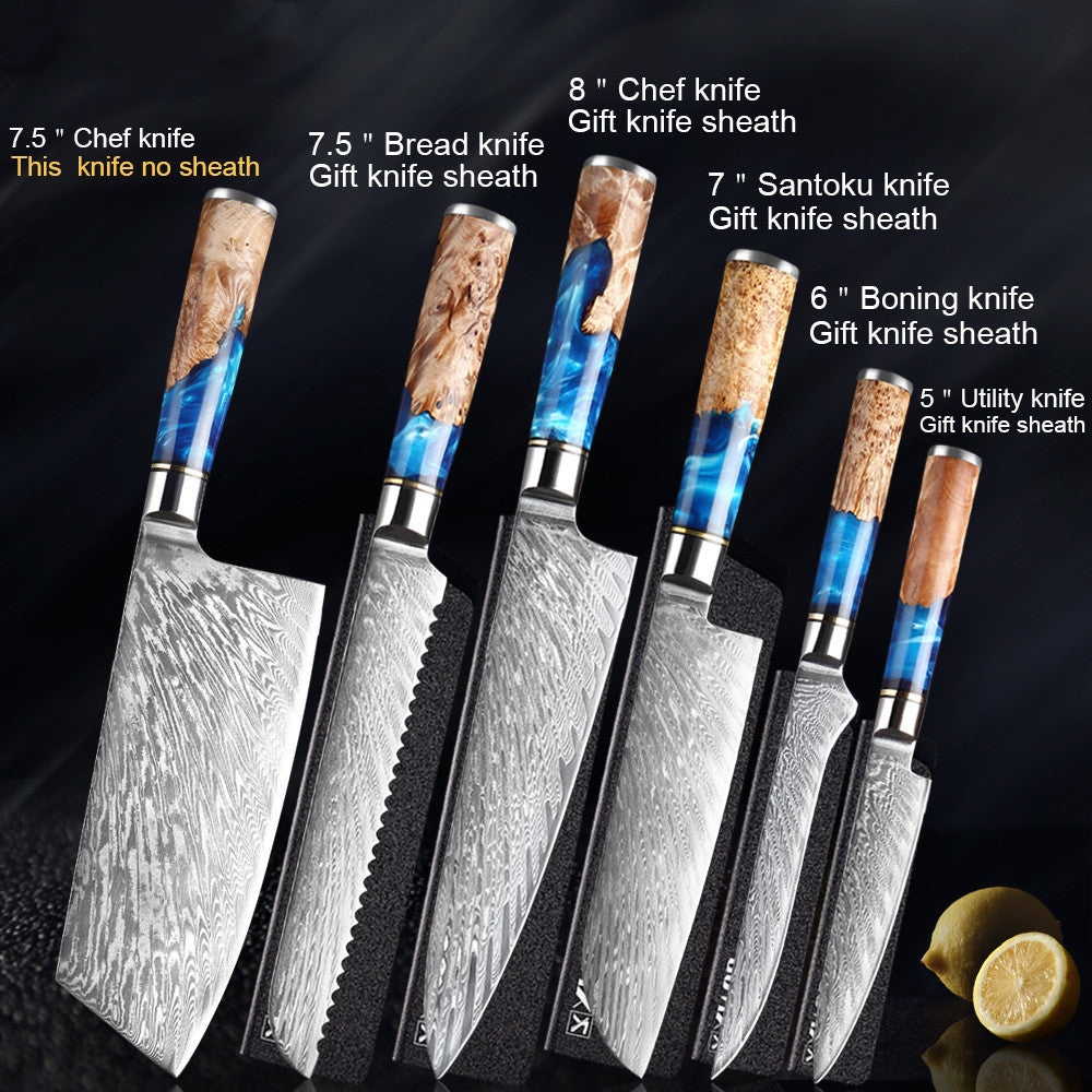 Set of 6 Japanese professional kitchen knives with 19cm Cleaver, 19cm Bread knife, 20cm Chef knife, 18cm Santoku knife, 15cm Boning knife and 12cm Universal knife with packaging sheath for each knife, except Cleaver, on a black background