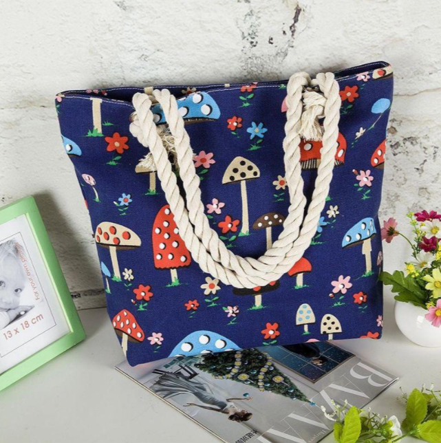 Women's Large Capacity Colouurful Tote Bag in Dark Blue Mushroom Design O | Confetti Living