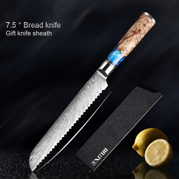 Japanese professional 19cm Bread knife and sheath showing Damascus steel blade and durable coloured resin and wood handle on a black background