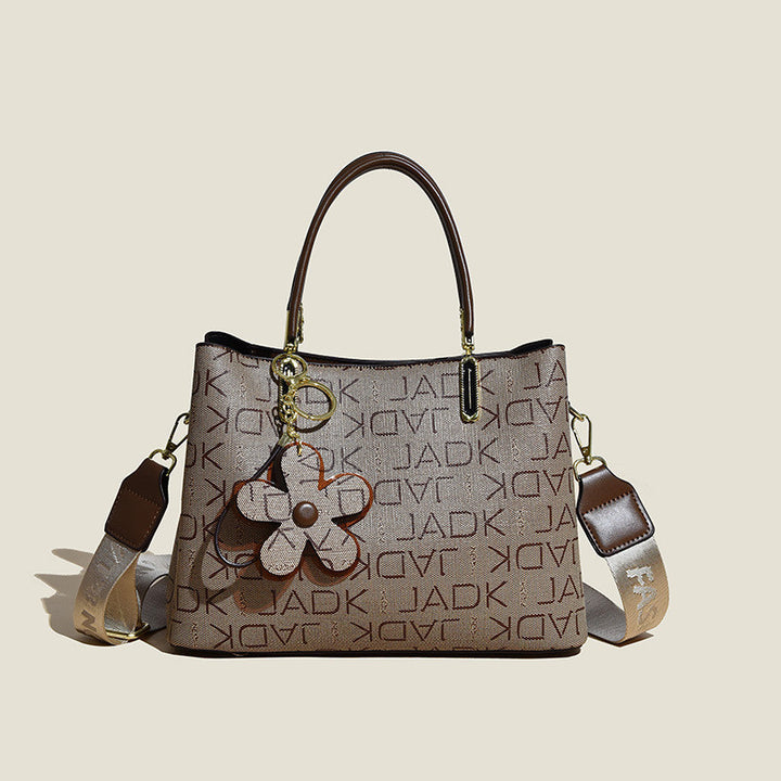 Women's Fashion Shoulder Bag with Flower Pendant showing alphabet khaki design | Confetti Living