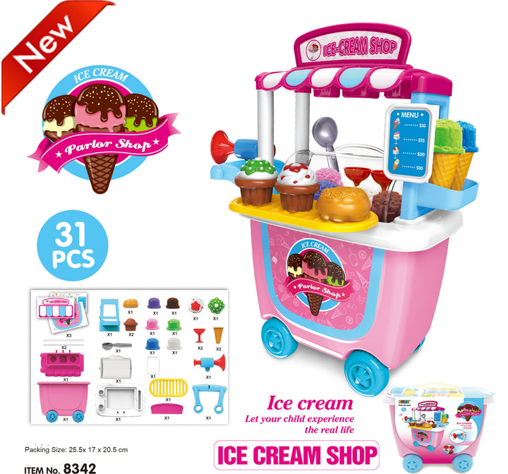 Children's Toy Food And Ice Cream Cart showing accessories | Confetti Living