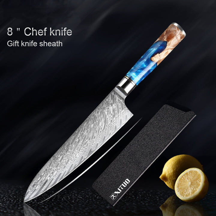 Japanese professional 20cm Chef knife and sheath showing Damascus steel blade and durable coloured resin and wood handle on a black background