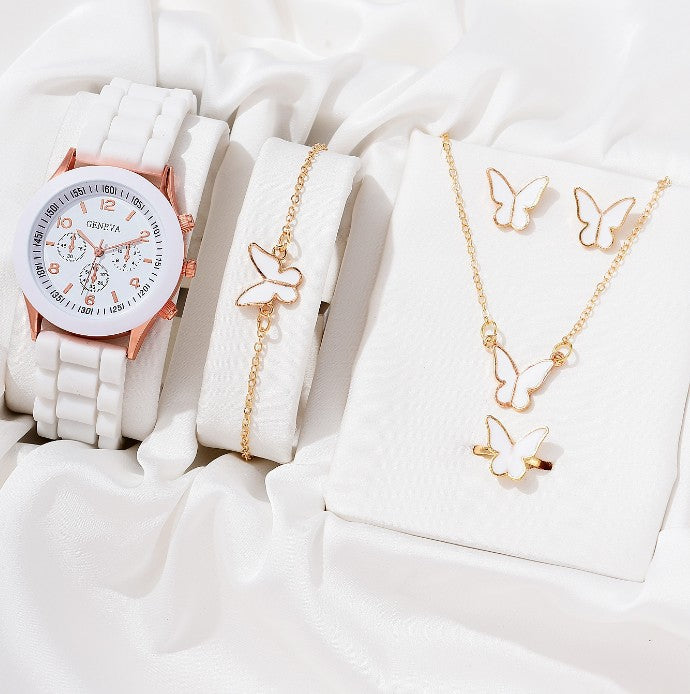 Women's Classic Leather Strap Watch and Jewellery Set showing White Butterfly Set | Confetti Living