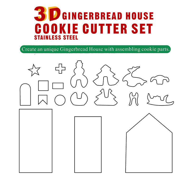 Gingerbread House 3D Stainless Steel Cookie Cutter Set showing shape diagrams | Confetti Living