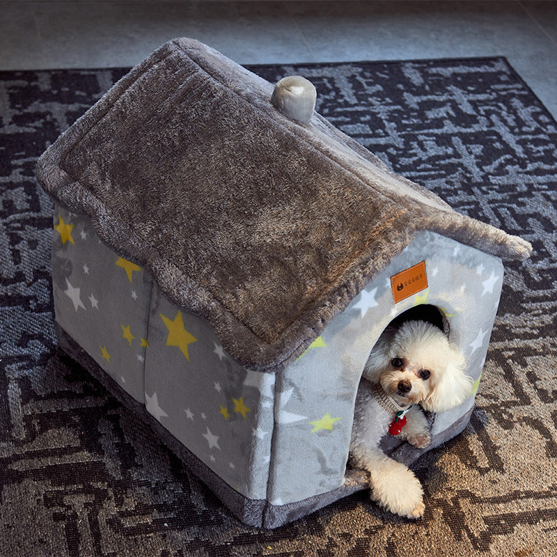 Foldable Decorative Pet House Bed showing Grey Stars design in use | Confetti Living