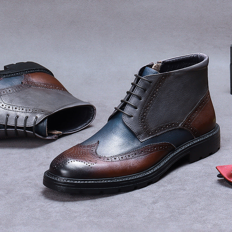 Mens Leather Vintage Colour Brogue Carved Boots | Confetti Living