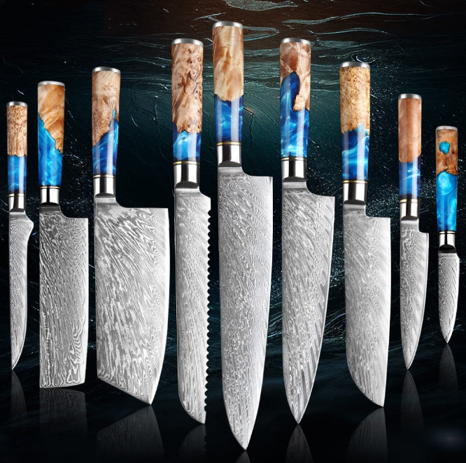 Set of 9 Japanese professional kitchen knives with 15cm Boning knife, 18cm Nakiri knife, 19cm Cleaver, 19cm Bread knife, 24cm Chef knife, 20cm Chef knife, 20cm Santoku knife, 12cm Universal knife and 9cm Paring knife on a dark background