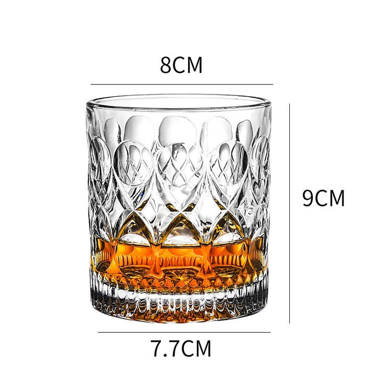 Home Bar Crystal Whiskey Glasses showing Re-Engraved Design with dimensions | Confetti Living