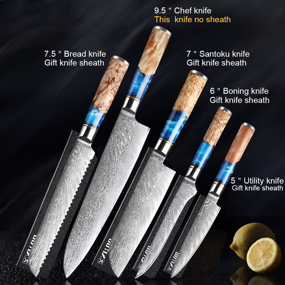 Set of 5 Japanese professional kitchen knives with 19cm Bread knife, 24cm Chef knife, 18cm Santoku knife, 15cm Boning knife and 12cm Universal knife with packaging sheath for each knife, except Chef knife, on a black background