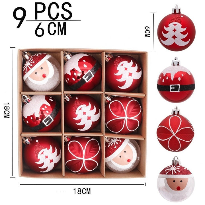 Boxed set of Christmas Hanging Baubles in Red and White designs showing box and bauble dimensions
