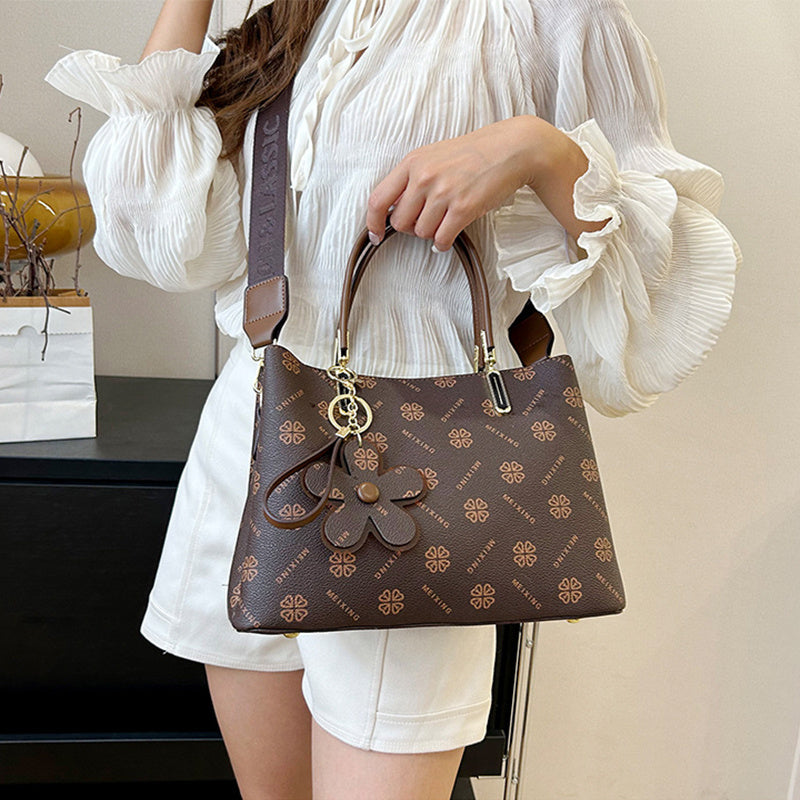 Women's Fashion Shoulder Bag with Flower Pendant showing clover brown design| Confetti Living