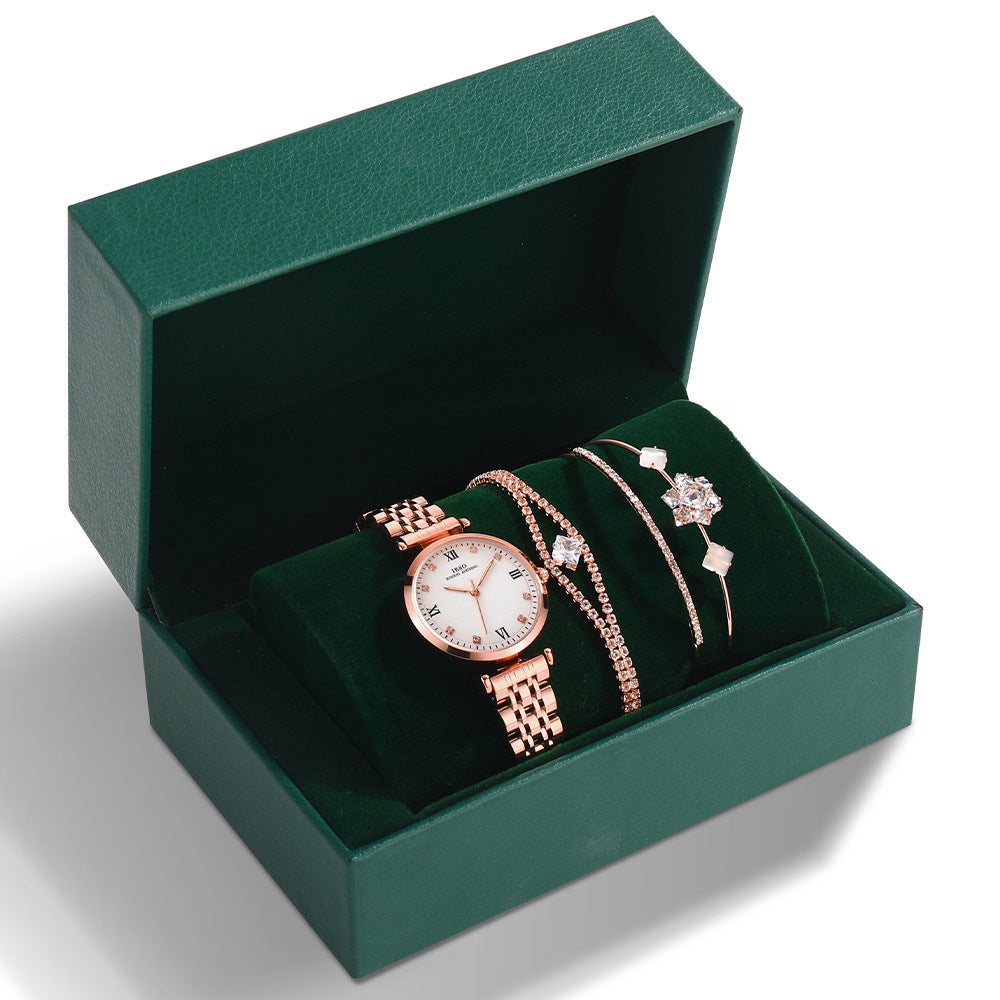 Women's Steel Band Watch Set in Rose Gold with Small Roman Numerals | Confetti Living