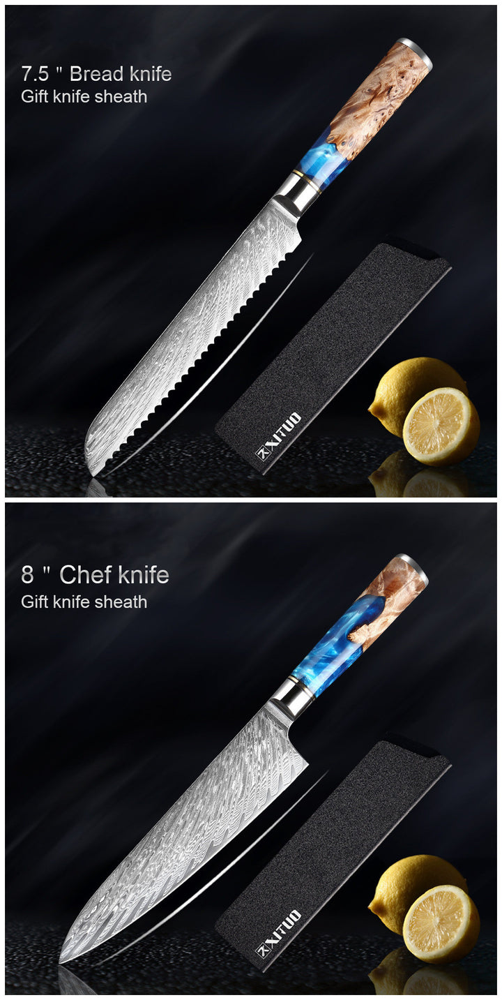 A Japanese professional 19cm Bread knife and sheath and a Japanese professional 20cm Chef knife and sheath showing Damascus steel blade and durable coloured resin and wood handle on a black background