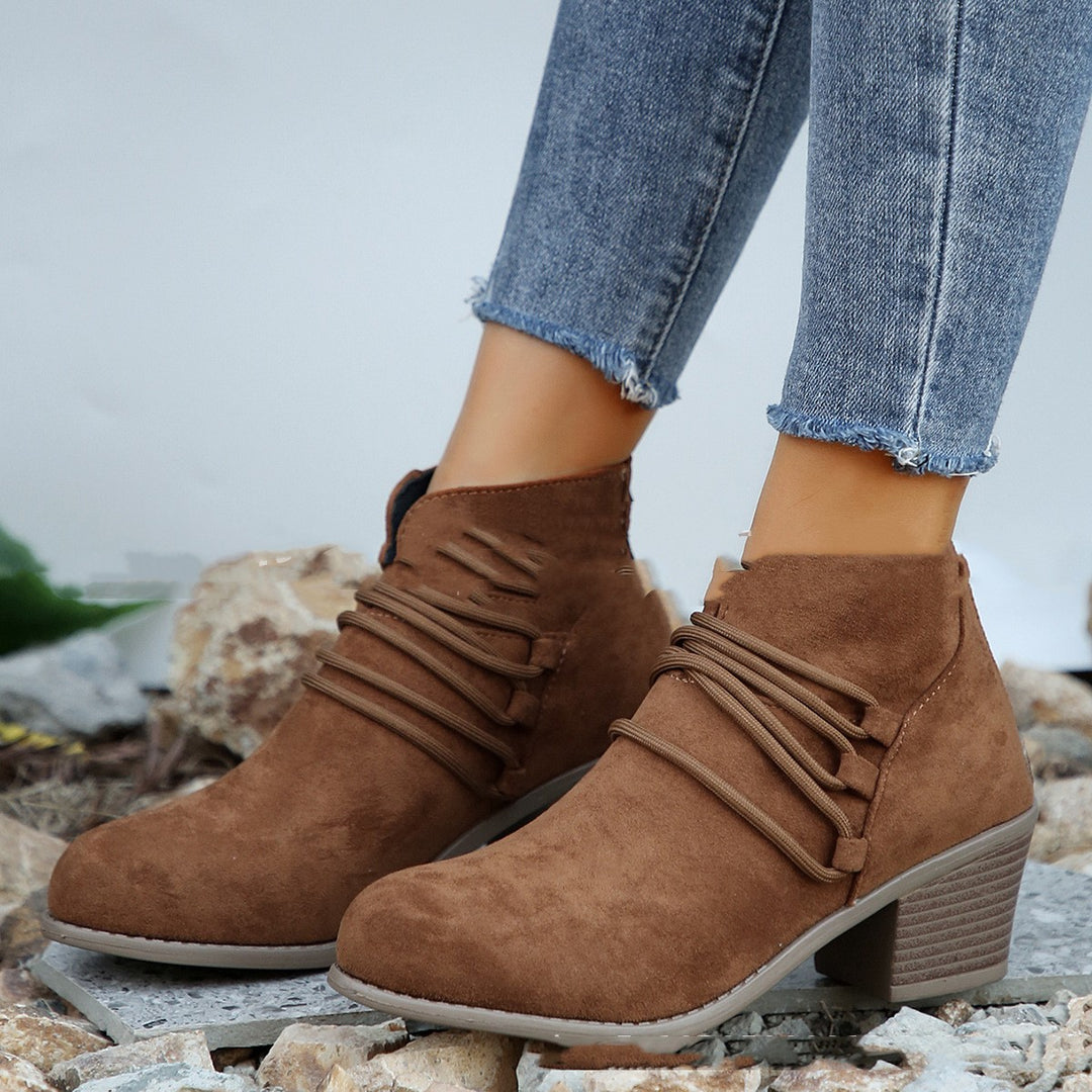 Women's Mid Heel Suede Ankle Boots in Brown | Confetti Living
