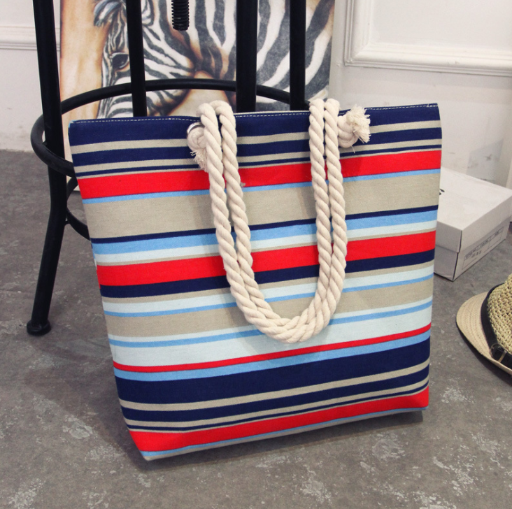 Women's Large Capacity Colouurful Tote Bag in Red & Blue Flat Stripes Design M | Confetti Living