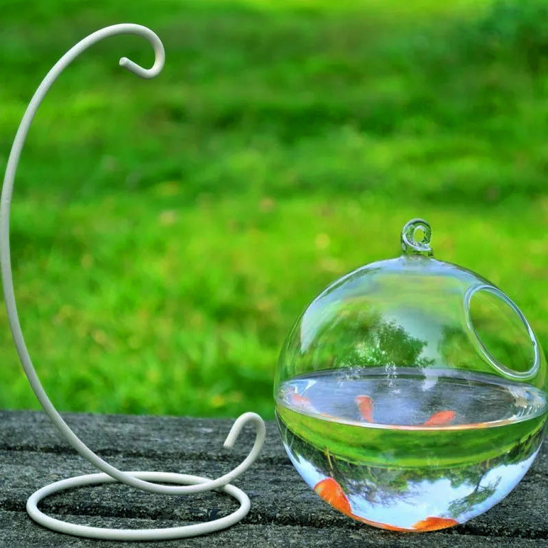Hanging Glass Vase Fish Tank shown with glass ball and white stand separated | Confetti Living