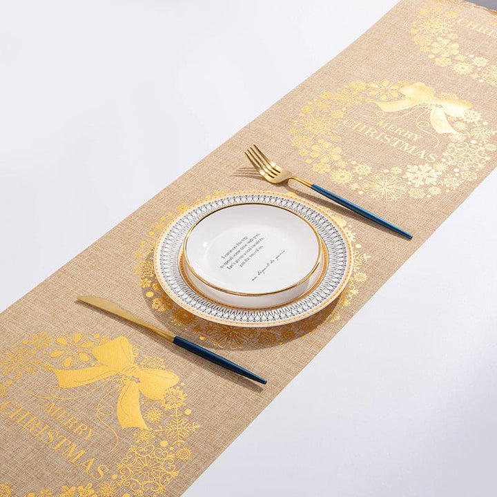 Christmas Linen Table Runner with Christmas Design showing Gold Christmas Scene | Confetti Living