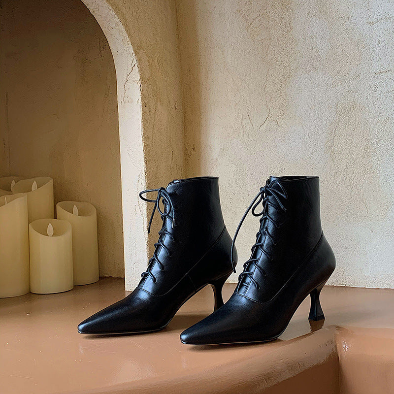 Women's Fashion Cowhide Leather Pointed High Heels in Black| Confetti Living