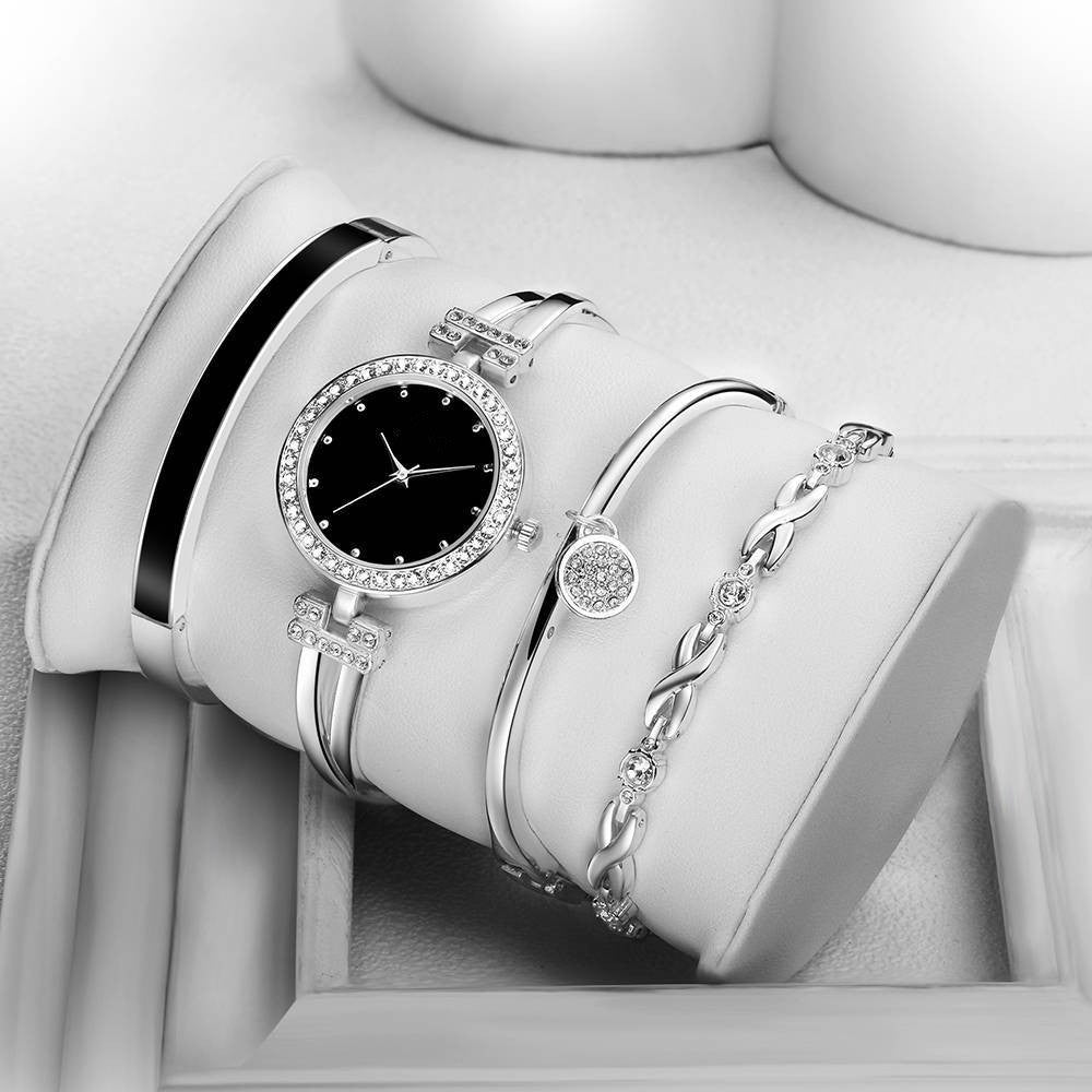 Women's Fashion Quartz Watch Jewellery Set  showing Silver with black finishes | Confetti Living
