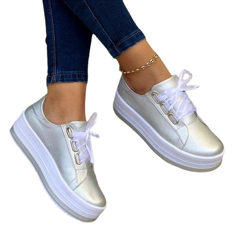 Women's Fashion Lace-up Flat Sneakers in Silver | Confetti Living