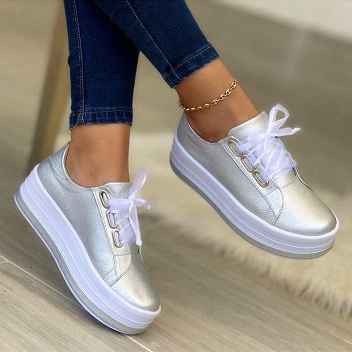 Women's Fashion Lace-up Flat Sneakers in Silver | Confetti Living