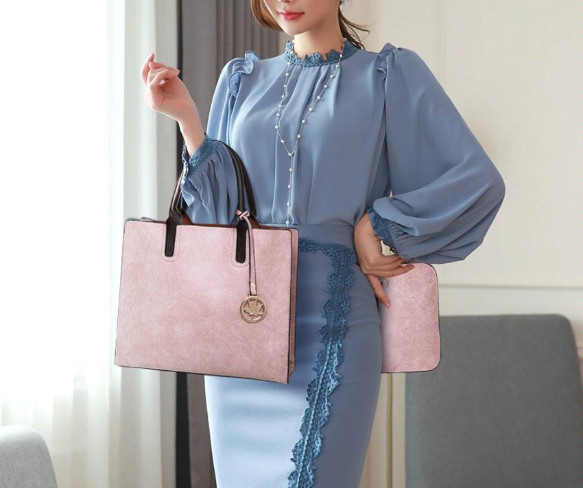 Women's Versatile Black Leather Tote Bag - 3 piece set