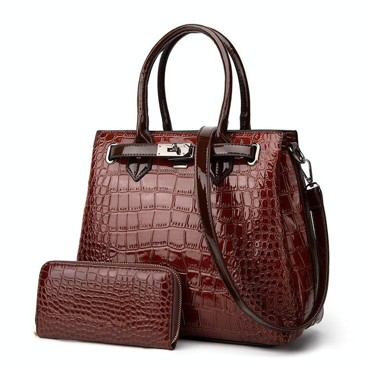 Large Capacity 2-in-1 Crocodile Patent Leather Shoulder Bag - Wine Red