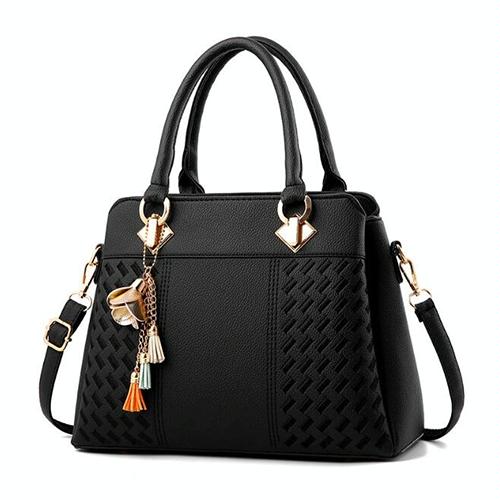 Women's Stylish Leather Crossbody Bag with Tassel Embroidery - Black