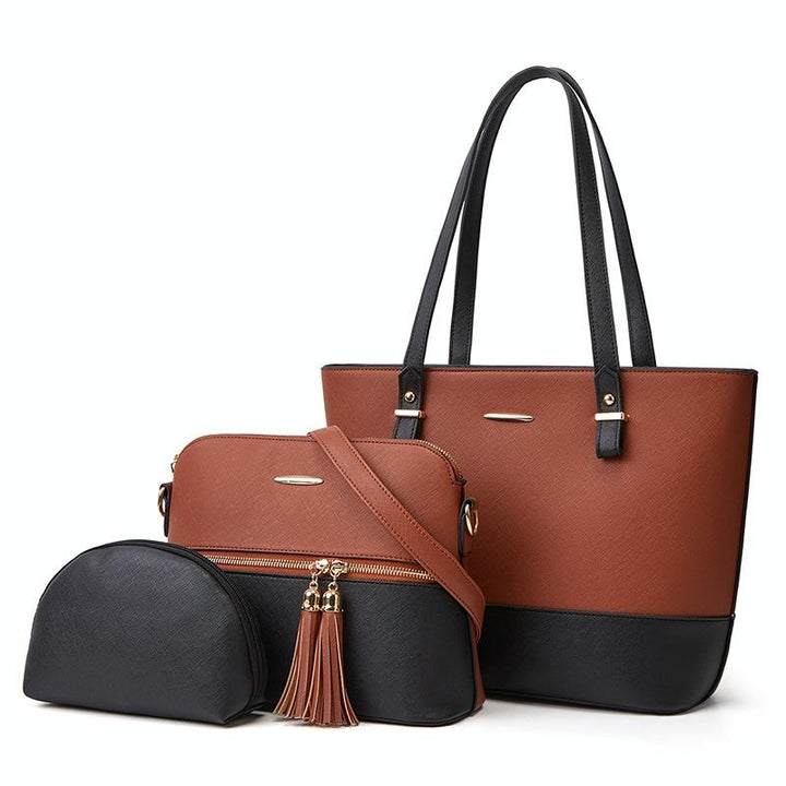 Women's Fashion Handbag Set with Diagonal Design - Gold Black