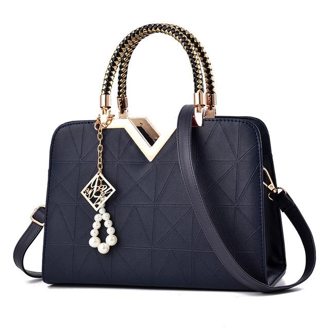 Women's Zipper Leather Shoulder Bag - Dark Blue