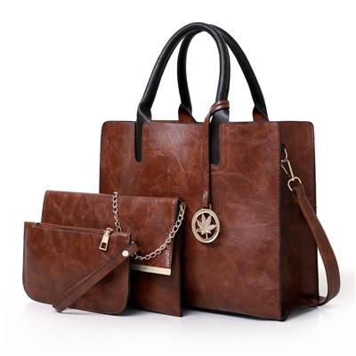 Women's Versatile Brown Leather Tote Bag - 3 piece set