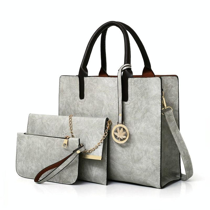 Women's Versatile Brown Leather Tote Bag - 3 piece set