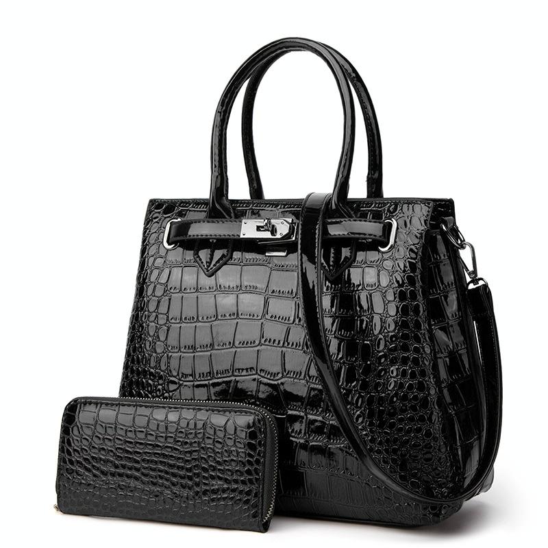 Large Capacity 2-in-1 Crocodile Patent Leather Shoulder Bag - Black