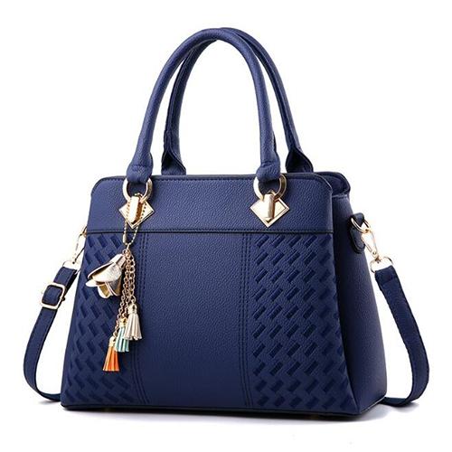 Women's Stylish Leather Crossbody Bag with Tassel Embroidery - Dark Blue