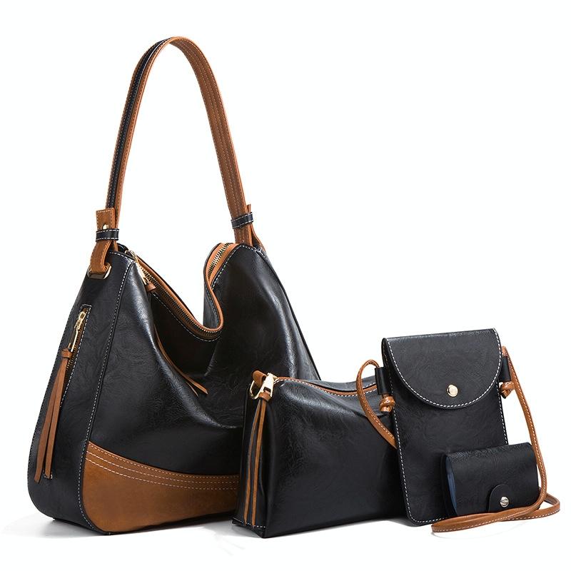 Women's Large Capacity Diagonal Leather Handbags - 4 in 1 Colour Black