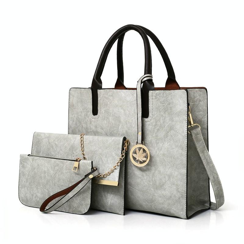 Women's Versatile Grey Leather Tote Bag - 3 piece set